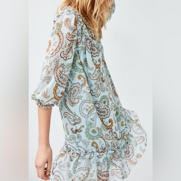 Aritzia Wilfred Amandine Mini Peasant Dress Paisley Print Chiffon Ruffle Medium - Picture 2 of 10